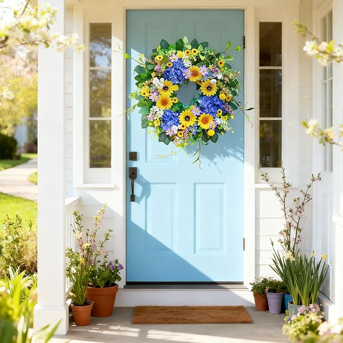 Pinkpuii Spring Wreaths for Front Door Outside- 24 Inch Spring Summer Wreath with Sunflowers,Lifelike Blue Hydrangea Flower Wreath for Indoor Outdoor Mantel,Window,Wall,Home Firplace Hanging Decor