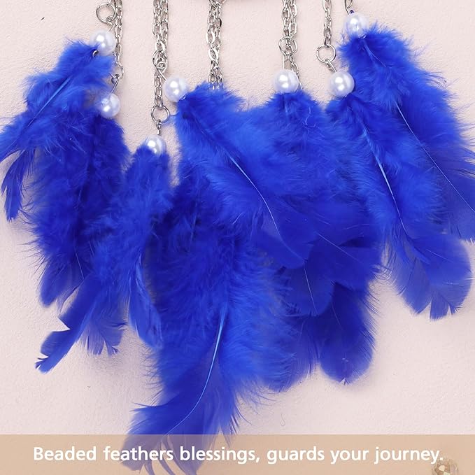 Pretty Jolly Crystal Stone Small Dream Catchers Blue Feathers Mini Dreamcatchers with Beads for Car Rear View Mirror Hanging Decoration Good Luck Travel Charm Little Bedroom Ornaments for Women Girls