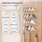 SWTYMIKI Over Door Hat Organizer - 5 Tier Wall Mounted Hat Rack with 4 Adjustable Metal Basket Heights Design and 3 Hooks, Baseball Cap Organizer Storage Holds up to 49 Caps for Door, Bedroom, Closet