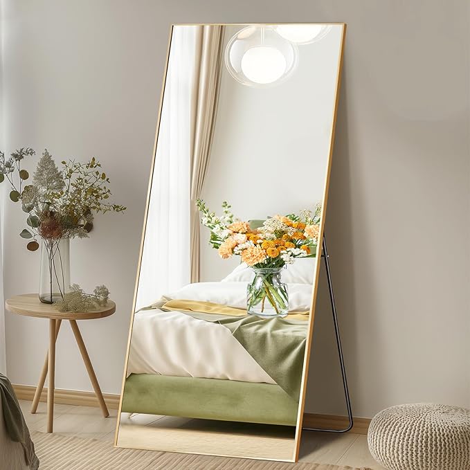 DUMOS 24"x65" Full Length Mirror with Stand, Floor Standing Aluminum Frame, Shatter-Proof Nano Glass for Bedroom, Living Room, Cloakroom – Modern Simple Home Decor,Can Be Hanging or Leaning, Gold
