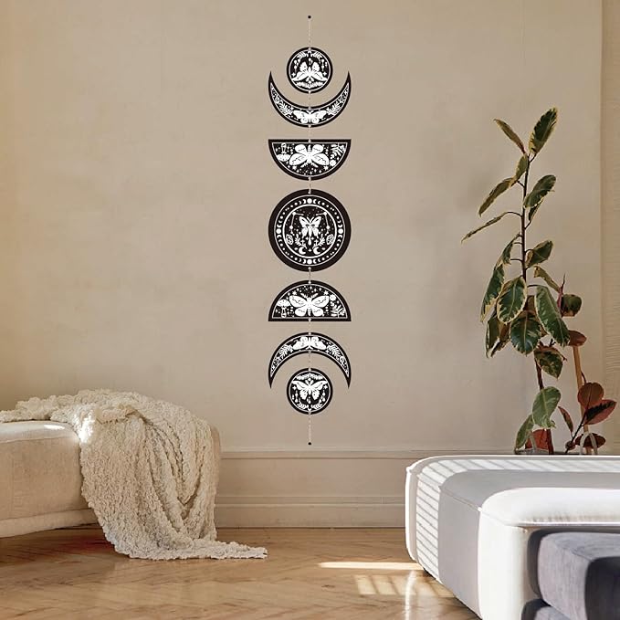 CREATCABIN 7Pcs Moth Tarot Moon Cycle Wall Hanging Half Round Wood Pendant Moon Hang Moon Phase Home Ornaments Wooden Moon Wall Decor Supplies for Bedroom Farmhouse Gallery Apartment Bar 37.1x6.3in