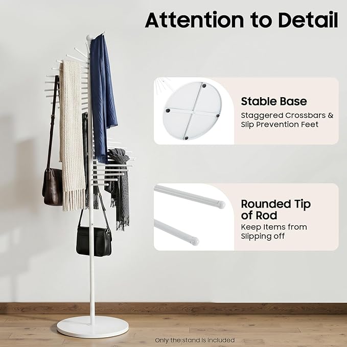 Scarf Organizer Stand, 67" Freestanding Scarf Display Rack with 30 Rods, Metal Spiral Scarf Holder Belt Pants Hanger for Commercial Clothing Retail Store Home, Space Saving Shelves(White)