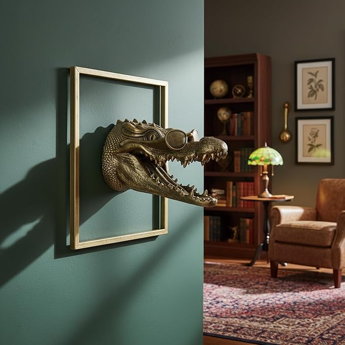 JJALIGHTS Exquisite Resin Animal Head Wall Sculpture (Gift Metal Frame) - Imitation Copper Vintage Decor for Living Room, Bedroom & Office | Decorative Wall Hanging Art (Alligator)