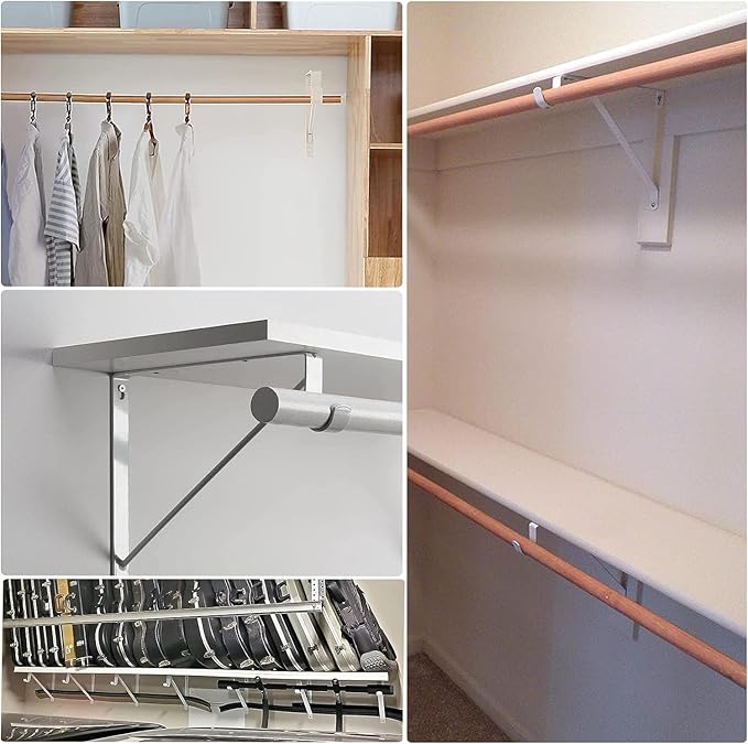 6PCS Heavy Duty White Closet Rod Brackets 11 x 11 Inch,1-3/8Inch Diameter Shelf and Rod Bracket Holder for Home and Closet Decor, Wall Mount Closet Pole Supports Bracket Hook with Screws