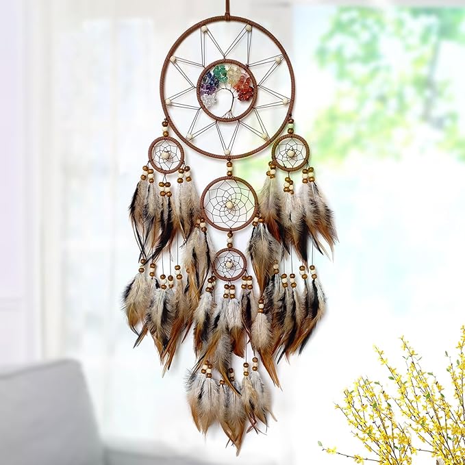 Brown Large Dream Catcher Wall Decor Crystal Tree of Life Dream Catchers Handmade Feather Dreamcatcher Wall Hanging Ornament for Bedroom Living Room Home Decor