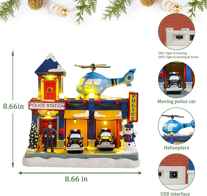 WONDER GARDEN Christmas Village Houses-Christmas Houses Village - Lighted Musical Police Station Collectible Buildings with Moving Car and Helicopter for Home Indoor Decor or Gift