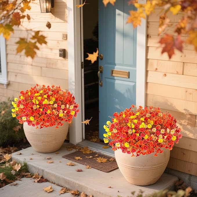 Fake Flowers Artificial for Outdoor Decoration Autumn Silk Flower UV Resistant, 12 Bundles Faux Morning Glory with Eucalyptus Greenery for Indoor Garden Planters Patio Window Home Decor, Mix