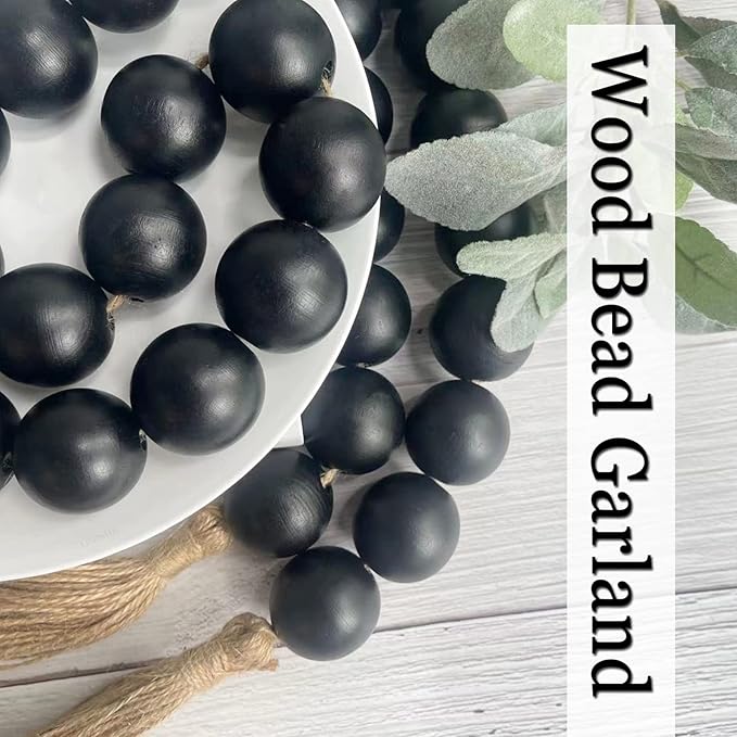 OMISHE 76" Long Extra Large Wood Bead Garland with 1.6" Diameter Wooden Beads and Tassels, Rustic Farmhouse Country Decorative Beads for Home Tiered Tray Decor, Black