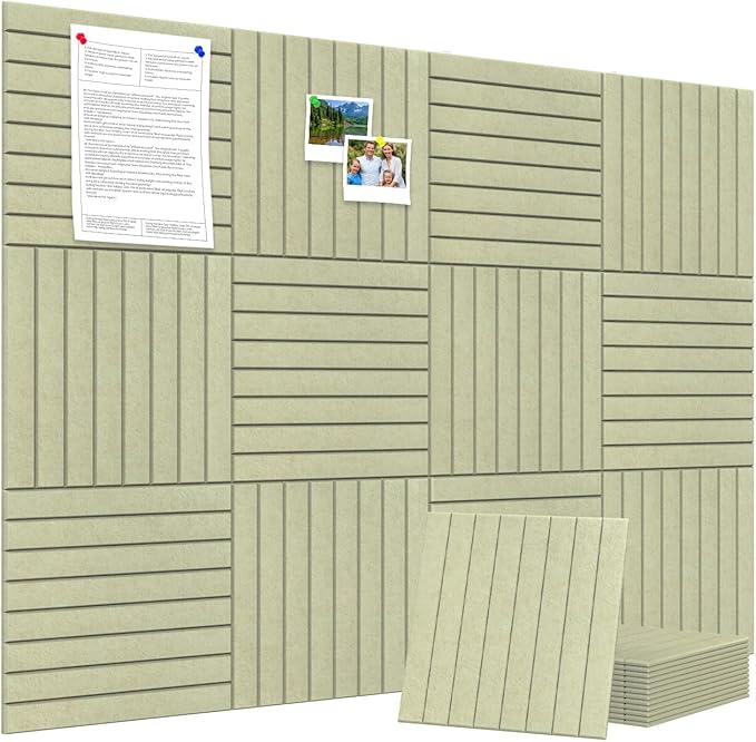 Large Cork Board Alternative 48” X 36” Felt Bulletin Board Tiles, with 30 Pushpins, 60 Adhesive Tabs,12-Pack Slat Wall Paneling, Cork Boards for Office Push Pin Board Felt Board - Sage
