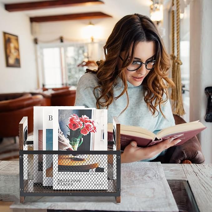 Magazine Holder, Desktop Magazine Rack File Holder Organizer Rustic Storage Basket for Magazines, Books, Newspapers, Tablets (Small)