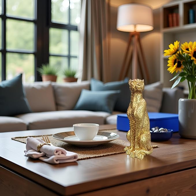 Cheetah Statue Sculptures Home Decor , 11"Gold Leopard Antique Classical Figurine Sitting Sculpture Standing,Office,living room,dining room,display rack,coffee table or entrance tabletop decoration