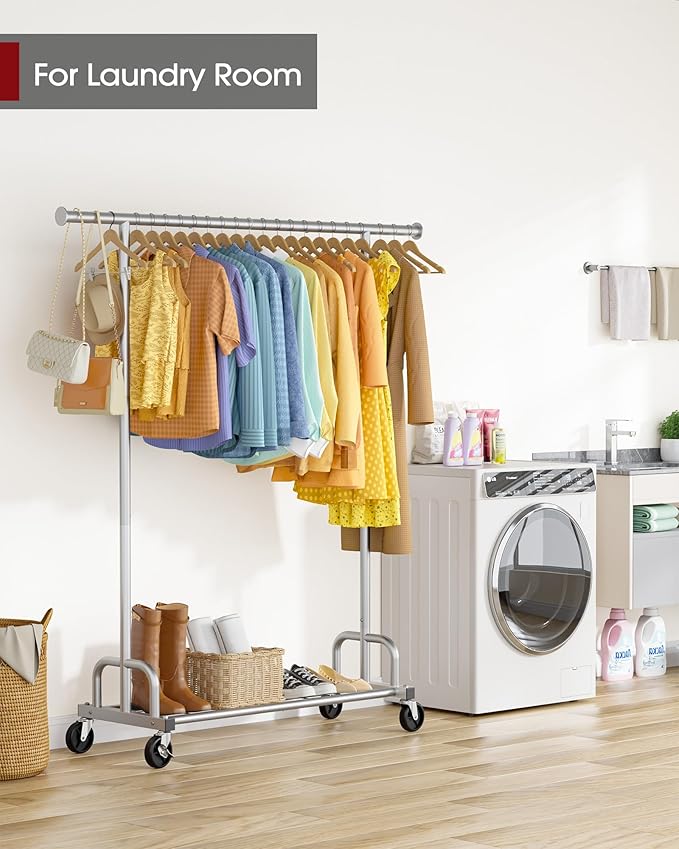 Clothes Rack - Large-Capacity Clothing Racks for Hanging Clothes with Lockable Wheels, Space-Saving Metal Coat Rack for Bedroom, Laundry Room, Entryway, 45.6" x 16.9" x 59", Silver