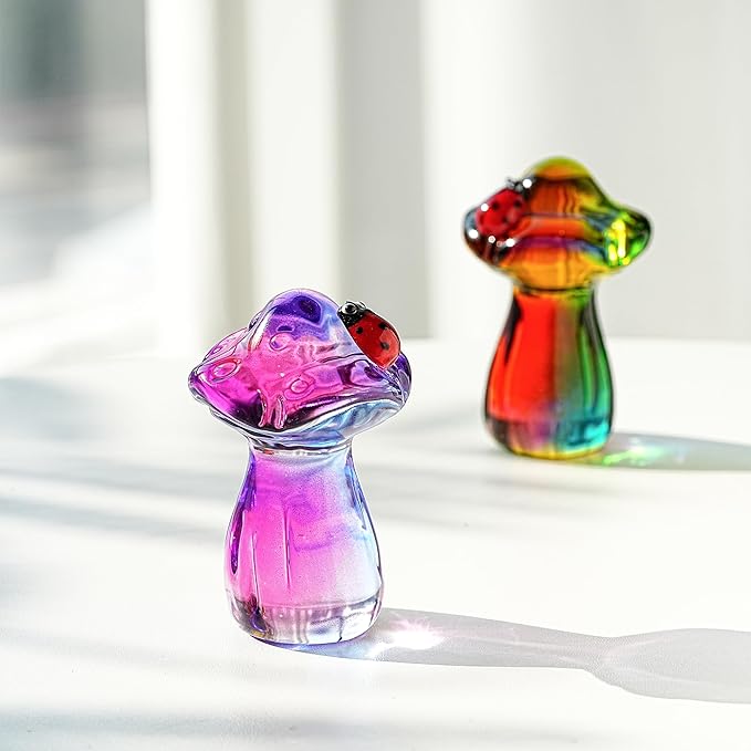 H&D HYALINE & DORA Crystal Mushroom Ladybug Figurine Handmade Glass Plant Figurine Collectible Kitchen Decor Mushroom Gifts for Women (Purple)