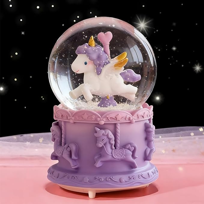 Unicorn Snow Globes,4.7IN Purple Music Snowglobes with LED Lights and Automatic Snowfall,Music Box Gifts for Girl,Home Decor Glass Ball for Kids Room Birthday for 5-18 Year Old Girl