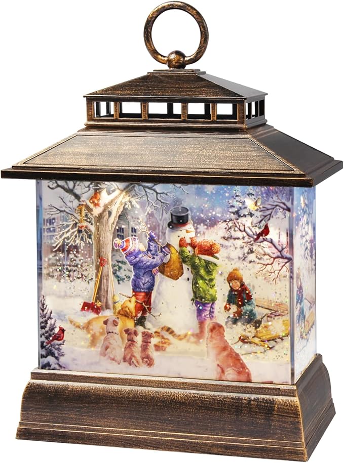 Christmas Snow Globe Lantern Water Glittering Lantern with 8 Songs & 6H Timer Romote Control Christmas Snow Globes USB & Battery Operated for Holiday Festival Decorations Gifts (Snowman and Children)