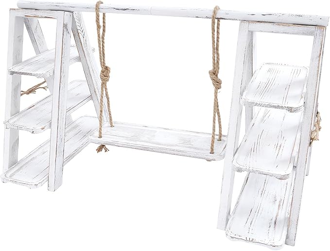 Wooden 3 Tiered Dessert Tray Stand Tool Free, Cupcake Serving Ladder Display Stand with Swing, Removable Trays and Foldable Stand for Cake Snack Fruit at Weddings, Anniversaries, Parties, Celebrations (White)
