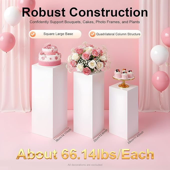 3PCs Metal Pedestal Stand, White Square Pedestal Display Plinth Pillars, Wedding Pedestals Stand Flower Display Rack Decorations, Table Pillars for Birthday Baby Shower Decor Displays ﻿