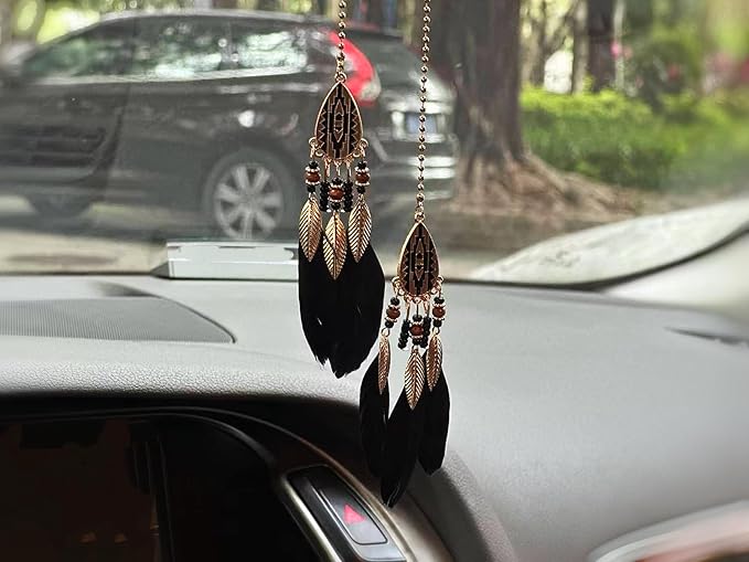 Small Dream Catcher Car Hanging Ornament, Handmade Nature Feather Boho Rear View Mirror Pendant, Car Decor Accessories Gift for Women