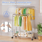 Simple Trending Clothing Clothes Rack Double Rods with Wheels, Rolling Metal Garment Rack for Hanging, Silver