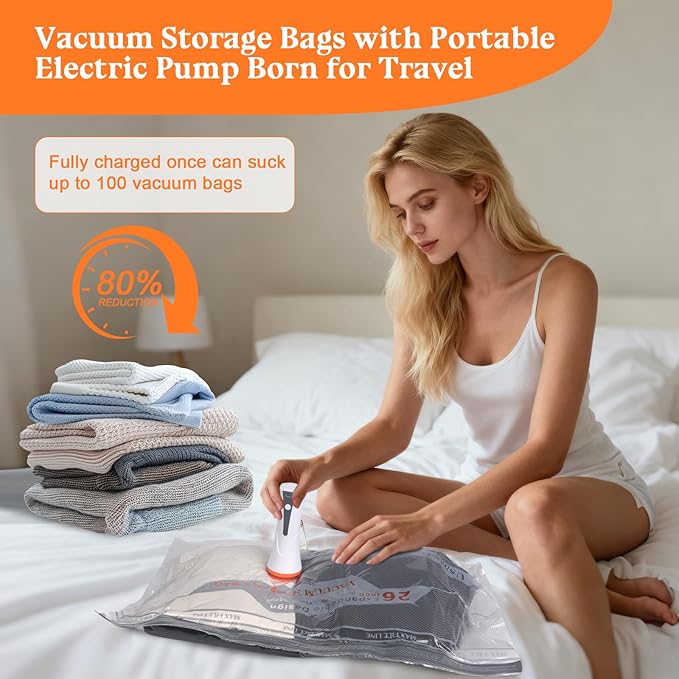 Vacuum Storage Bags for Travel with Pump - 12 Pack Vacuum Seal Bags for Clothing, Blankets, Bedding, Seasonal Storage, 80% Space Saver Compression Packing Bags for Suitcase and Luggage (12PACK)