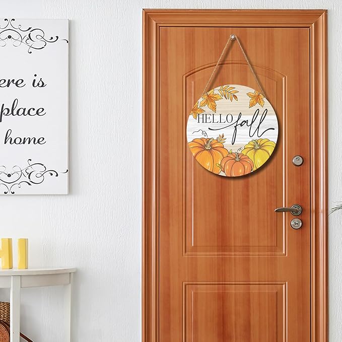 Hello Fall Welcome Sign Door Sign 12"x12" Fall Door Decorations Hanging Sign Farmhouse Pumpkin Round Wooden Sign for Home Front Door Wall Porch Yard Garden