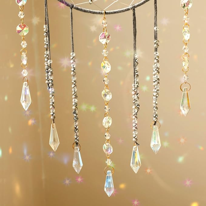 Artilady Dream Catchers with Crystals - Large Grey Boho Moon Dream Catcher Wall Decor House Decorations for Home Girls Kids Baby Bedroom Room Decor Christmas Birthday Teen Girl Boys Gifts