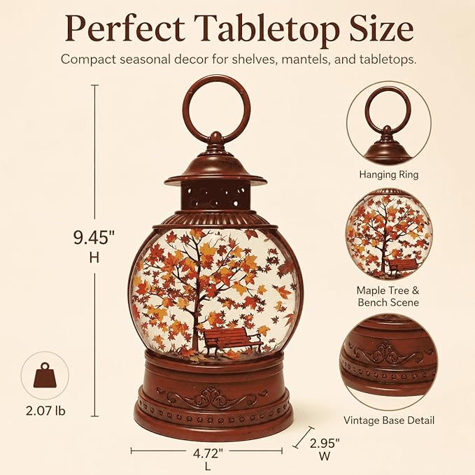 Fall Snow Globe Lantern with Swirling Maple Leaf Glitter 6H Timer Battery & USB Powered Fall Decor Autumn Snow Globe for Thanksgiving, Home, Tabletop Decoration
