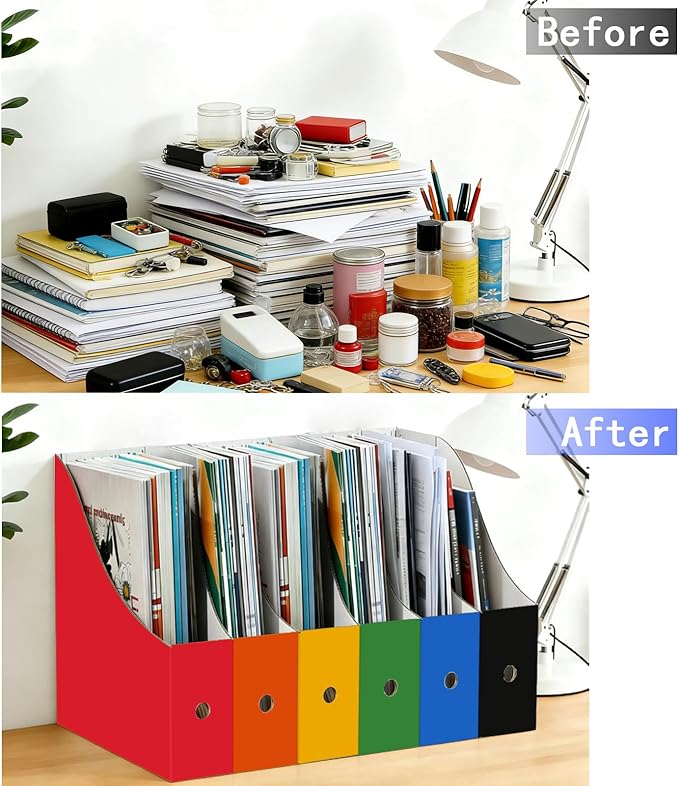 Limitliho Cardboard Magazine File Holder for Desk, Book Bins for Classroom Library,Office,Home, 10.6" H x 10.2" L x 3.5" W in Magazine Storage Bins(Six color, 24 Pack)