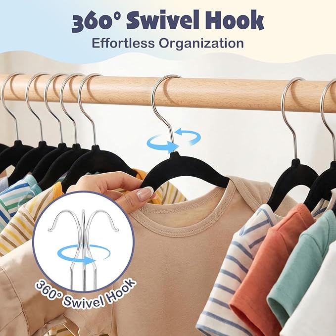 HOUSE DAY 11 Inch Velvet Baby Hangers 100 Pack Black, Premium Kids Hangers for Children, Infant & Toddler Clothes, Durable Non Slip Small Baby Felt Hanger for Closet, Ideal for Everyday Use