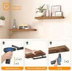 HOOBRO Floating Shelves for Wall, Wall Mounted Shelf Set of 2, 23.6" Hanging Shelf with Invisible Brackets, for Wall Decor Storage in Bathroom Bedroom Kitchen Living Room Office, Rustic Brown BF60BJ01