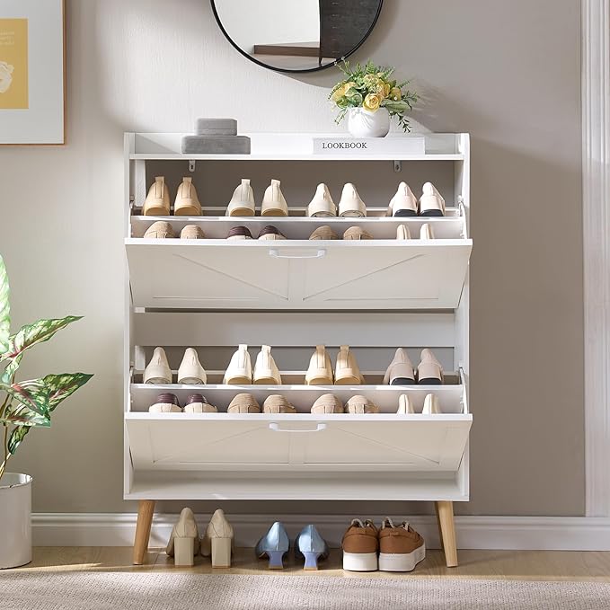 LEYAOYAO Shoe Storage Cabinet with 2 Flip Drawers，Narrow Shoe Storage Cabinet Organizer with Legs for Entryway Hallway, Living Room, Bedroom，Hidden Slim Storage Narrow Shoe Rack Cabinet,White