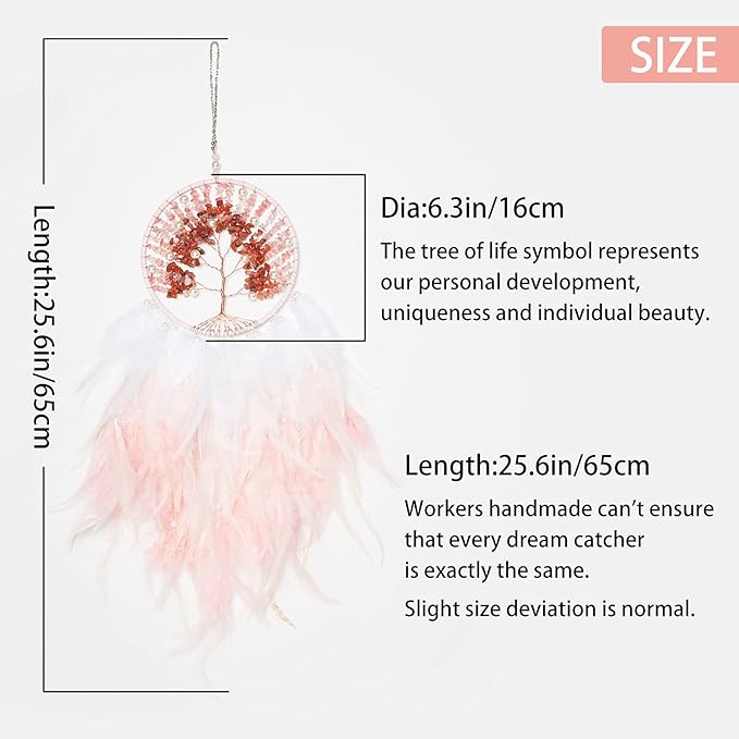 Pretty Jolly Fairy Pink Tree of Life Dream Catcher Wall Decor with Healing Crystal Stone Handmade Feather Dream Catchers Decoration Wall Hanging Bedroom Living Room Wedding Party Home Decor-25.6"