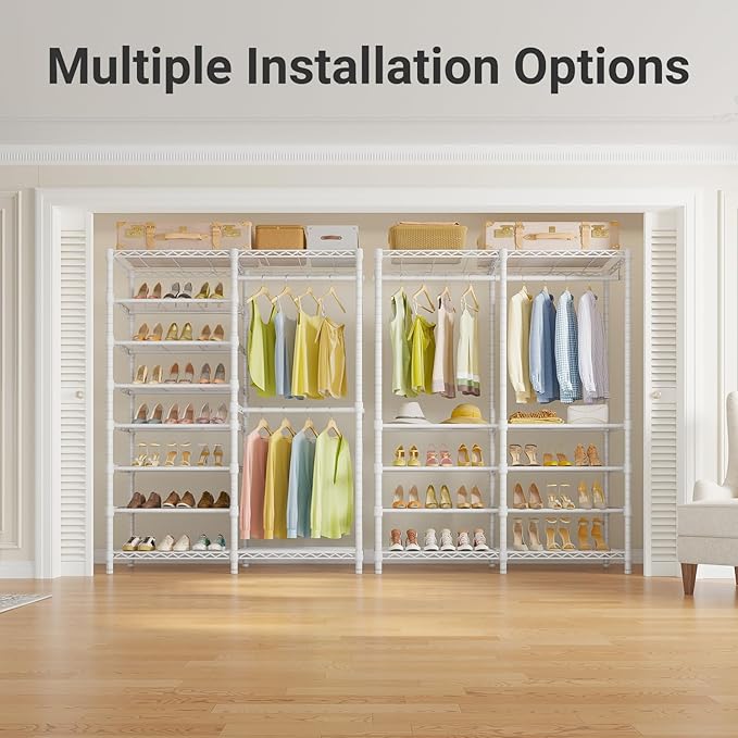 VIPEK S2 Heavy Duty Clothes Rack with Shoe Shelves Freestanding Clothing Rack with 6-Tier Shoe Rack, Double Hanging Rod, Adjustable Shelf, Walk in Closet Organizer Garment Rack, White