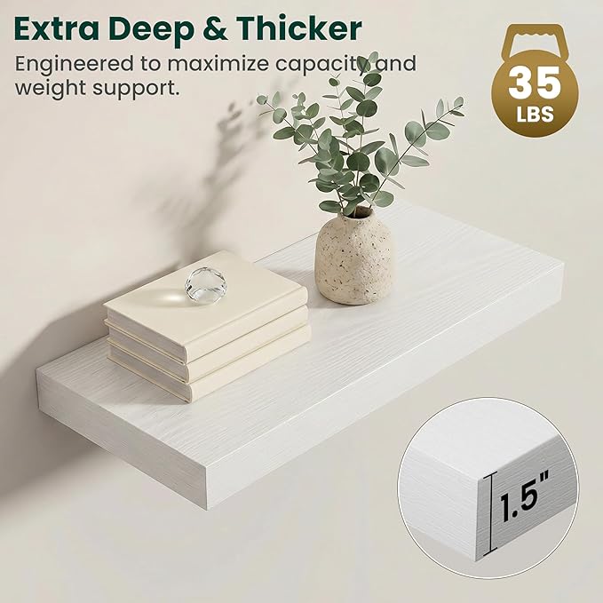 Floating Shelves for Wall 24 in x 9.3 in Deep, Wall Mounted Rustic Wood Shelf with Invisible Brackets for Storage & Display, Living Room Bedroom Bathroom, White, 2 Pack