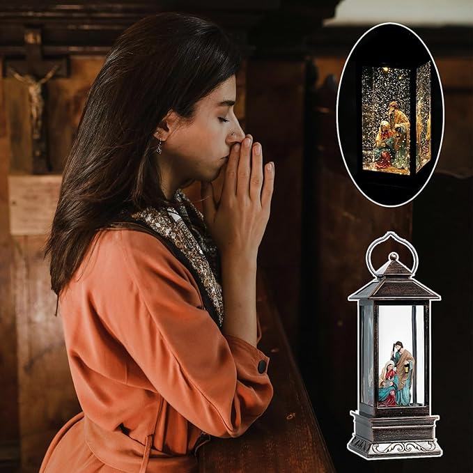 12" Christmas Snow Globe Lantern with Nativity - Water Swirling Glitter LED Light Lantern with Music - Vintage Xmas Gifts - USB Plug or Battery Operated Home Decor (Religious)