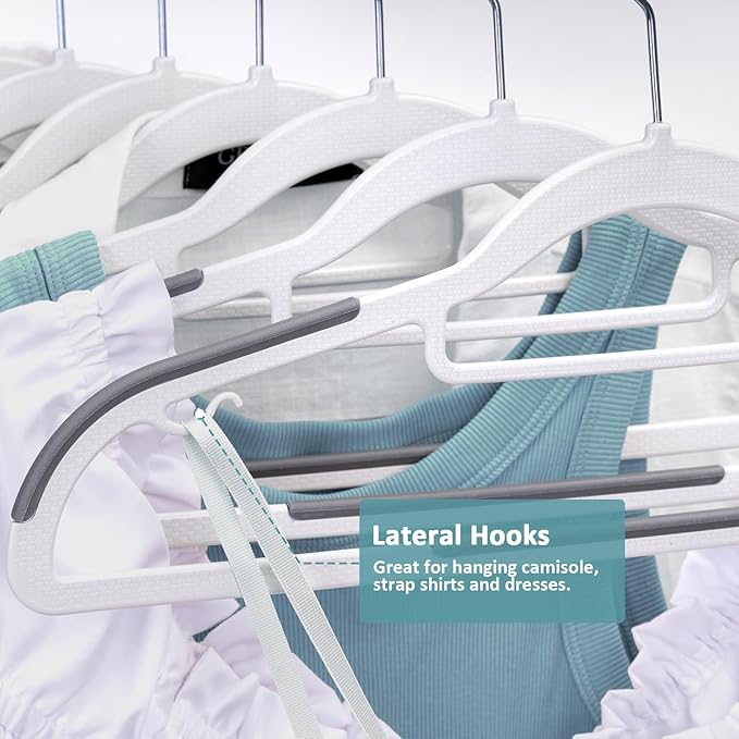 50-Pack Coat Hangers, Space Saving Plastic Clothes Hangers, Non-Slip, 0.2 Inches Slim, 16.53 Inches Wide, 360° Swivel Silver Hook for Shirts, Pants & Wet/Dry Garments, White and Dark Gray