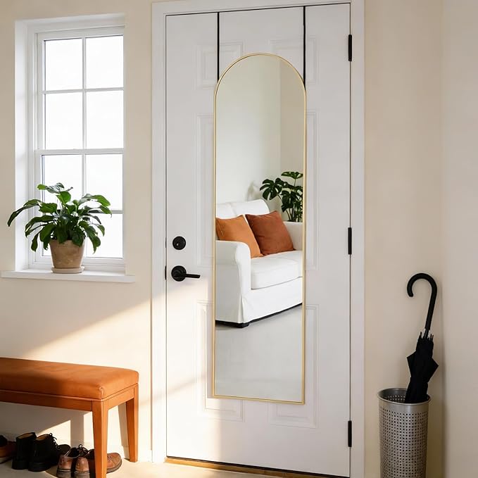 DUMOS 47"x14" Full Length Door Mirror, Arched Full Body Mirror with Aluminum Alloy Thin Frame, Leaning or Hanging, Suitable for Bedroom, Livingroom, Cloakroom, Gold