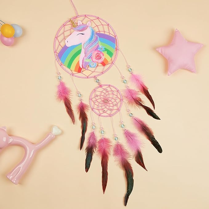 Basumee Dream Catcher for Kids Feather Dream Catchers Handmade Home Decor Wall Hanging with Double Ring for Nursery Bedroom Boys Room, Rainbow Unicorn