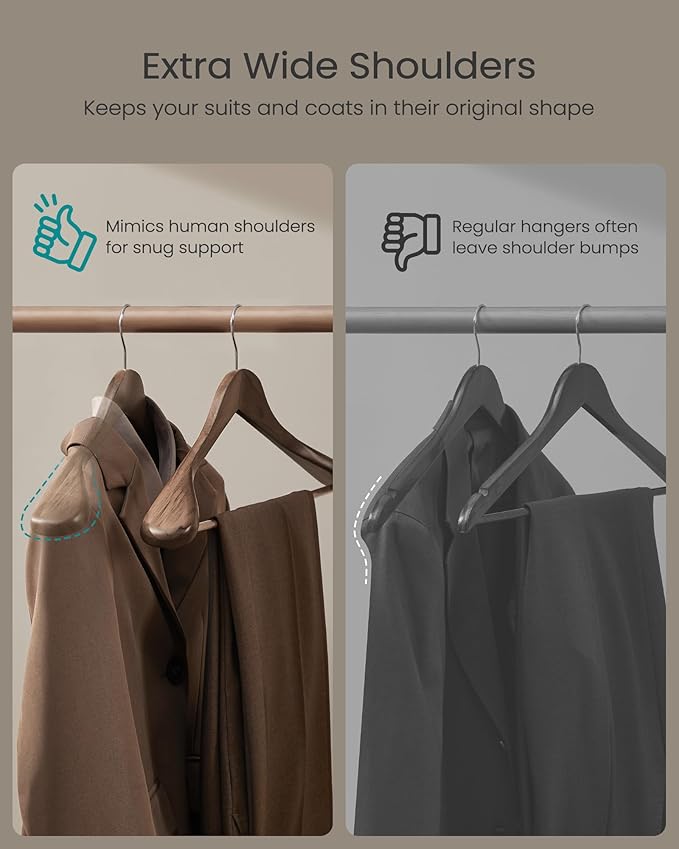 SONGMICS Extra Wide Wooden Suit Hangers, Set of 10 Clothes Hangers, Swivel Hooks, Non-Slip Bars, for Outfits, Suits, Coats, Shirts, Dresses, Walnut Color UCRW050KZ01