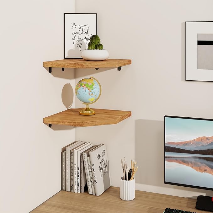 Fun Memories Corner Shelf Wall Mount, Solid Oak Wood Floating Corner Shelves with Cable Hole, 10in Rustic Design for Bedroom, Bathroom, Kitchen, Living Room (Natural, 1 Pack)