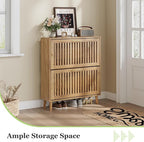 Shoe Storage Cabinet with Louvered 2 Flip Drawers, Narrow Shoe Cabinet Storage for Entryway, Freestanding Shoe Organizer Cabinet with Golden Handles, Slim Shoe Rack Cabinet 31.5in(Natural Wood)