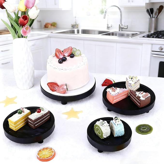 HOMIEE 4PCS Wooden Risers for Display 8/7/6/5 Inch Wood Pedestal Stand Mini Tray Stand Rustic Riser for Decor Home Kitchen Tiered Tray (Black)