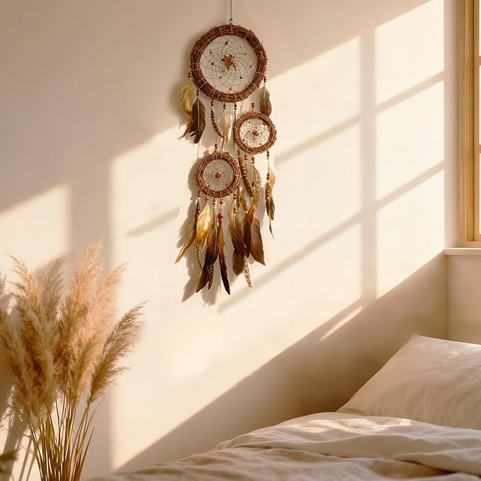 Dream Catcher Native American Boho Dreamcatcher Rattan Wall Decor, Handmade Natural Goose Feathers Large Dream Catchers Hanging Ornament Indian Decor for Bedroom Living Room (Dark Brown Mix)