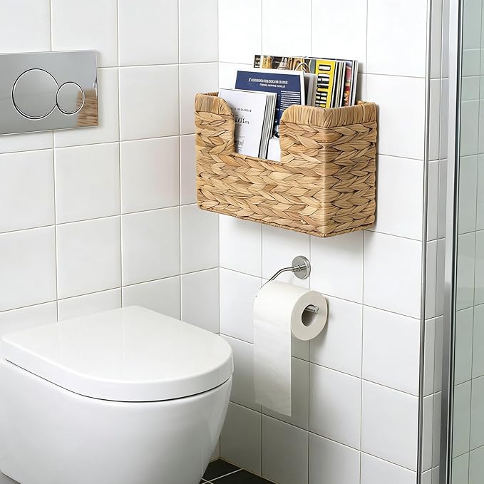 Hanging Magazine Basket for Mail Book File - Woven Wall Magazine Holder Storage for bathroom Kitchen Office - Water Hyacinth Farmhouse Storage