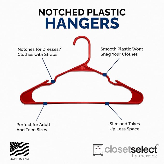 Plastic Hangers 50 Pack - Space Saving Clothes Hangers, Made in USA, Durable & Strong Plastic Shirt & Coat Hanger with Notches & Shoulder Grooves, Non-Slip Clothing Hangers | Red Engine
