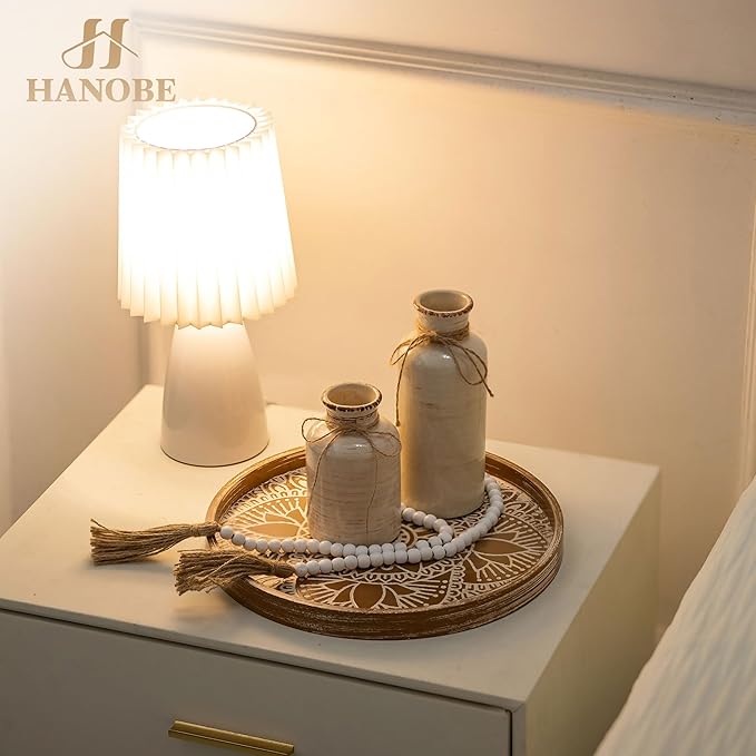 Hanobe Round Decorative Tray for Table: Boho Coffee Table Trays for Home Decor - Mid Century Farmhouse Circle Wood Serving Rustic Bohemian for Kitchen Counter Women