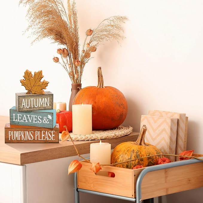 Lineshading 4 Pcs Fall Decorations for Home Thanksgiving Decor Wooden Maple Leaf Fall Table Centerpiece Autumn Tiered Tray Rustic Wood Maple Leaf Block Sign Farmhouse for Home Kitchen Shelf