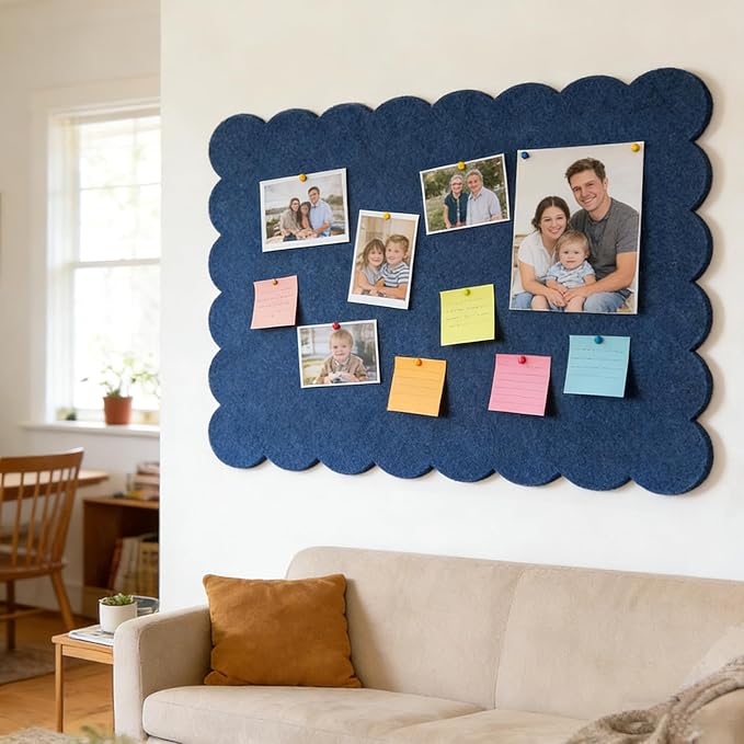 Foldable Decorative Scalloped Felt Bulletin Board 24 * 16 Inches for Wall, Alternative Photo Board Self-Adhesive Vision Board Decorative Pin Board for Wall (Dark Blue)