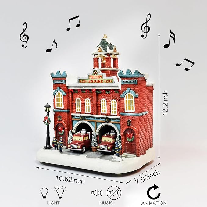 MOMENTS IN TIME Vintage Fire Department Christmas Village 12.2” LED Lights, Music & Moving Fire Trucks, Polyresin Lighted Holiday Building, Adapter Operated Holiday Decoration