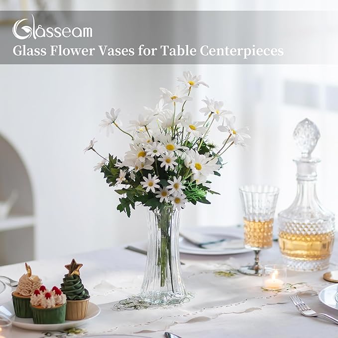 Glasseam Glass Vase for Home Decor: Clear Flower Vases for Living Room Kitchen Bathroom Wedding Table Centerpieces - 7.5" Tall Modern Vintage Decorations for Bouquet Pampas Grass Lego Flowers